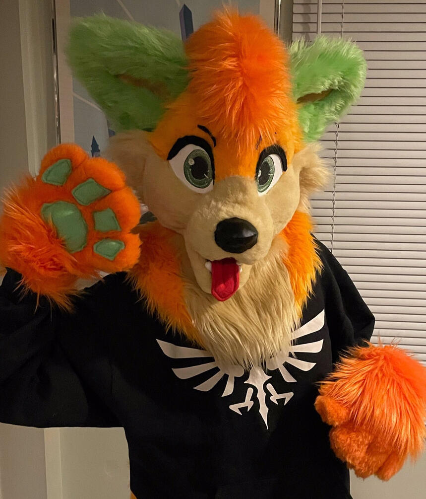 fox furry fursuit cute citrus orange lime green tan colorful bright fursuit partial